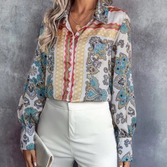 paisley Button down Front long sleeve Shirt Blouse - Picture 6 of 7